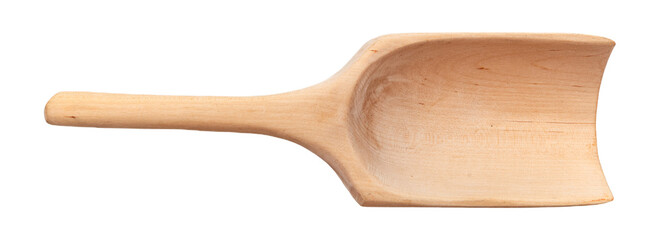 Empty wooden scoop on a white background close-up. View from above. Scoop