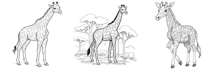 Fototapety  Collection of black and white giraffe illustrations for coloring book. Coloring page outline of giraffe. Activity colorless animal picture. Antistress coloring page with realistic giraffe in nature