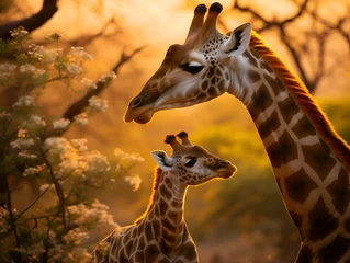 Poster Captured mother giraffe taking care of her little cub at golden hour. Touching moment of giraffe mother care. Giraffe in savannah in their natural habitat. Animals of south africa. Safari with giraffe © Alina