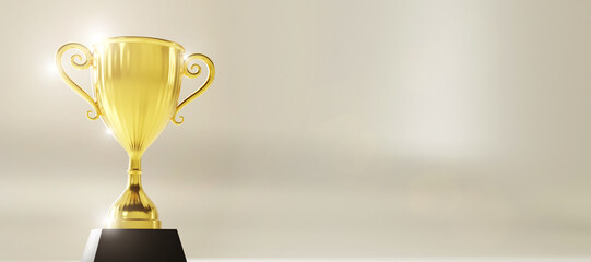 golden trophy award with falling confetti on gold background. copy space for text. 3d rendering.	