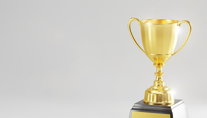 golden trophy award with falling confetti on gold background. copy space for text. 3d rendering.	