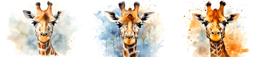 Fototapety  Collection of giraffe watercolor illustrations, interior decoration, white background. Set of giraffe aquarelle illustration with color splashes, animal painting. Colorful giraffe muzzle illustration