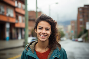 Portrait of beautiful young female on the city street in Bogota or Rio or Caracas