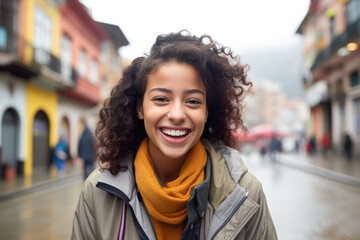 Portrait of beautiful young female on the city street in Bogota or Rio or Caracas