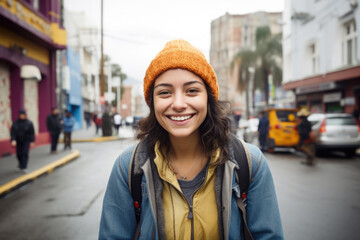 Obraz premium Portrait of beautiful young female on the city street in Bogota or Rio or Caracas