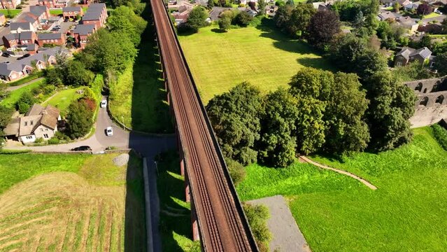 Aerial video of Whalley Viaduct, also known as Whalley Arches. Build between 1836 to 1850 the 605 meters long bridge is a magnificent superstructure. 