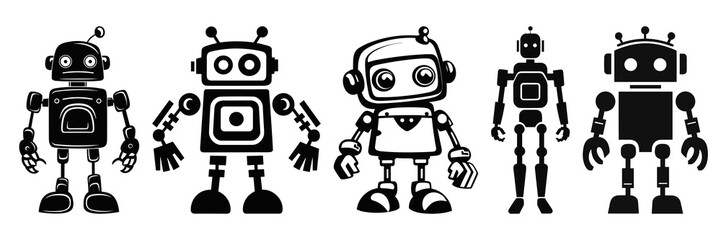 Robot silhouettes set, large pack of vector silhouette design, isolated white background