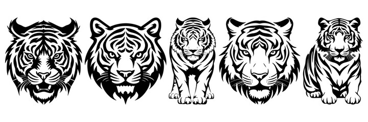 Tiger silhouettes set, large pack of vector silhouette design, isolated white background