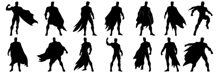 Super hero comic book silhouettes set, large pack of vector silhouette design, isolated white background