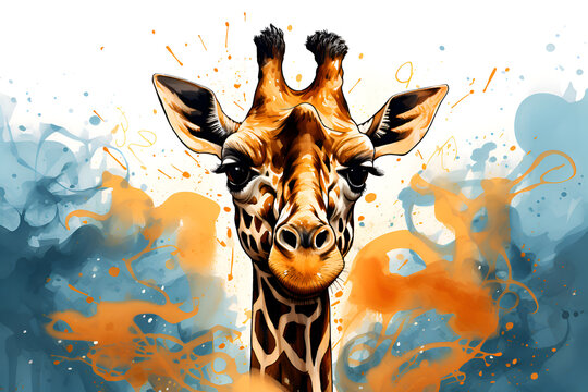 Giraffe portrait illustration in pastel colors on light background, interior decoration. Giraffe illustration with paint splashes, animal painting. Colorful giraffe muzzle illustration, watercolor