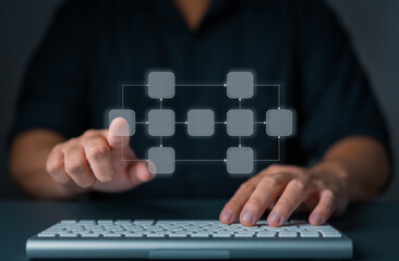 Businessman touching on workflow diagram, hierarchy scheme, business structure, analyzing model,...