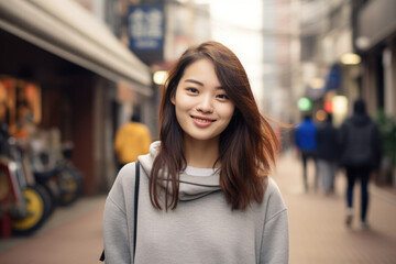 Portrait of beautiful young Asian female on the city street in Tokyo or Seoul
