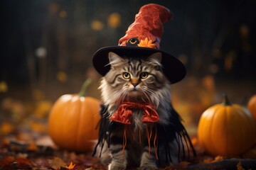 Cute cat in hat sitting near pumpkin in autumn forest, Halloween concept - Powered by Adobe