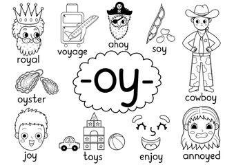 Oy digraph spelling rule black and white educational poster for kids with words. Learning -oy- phonics  for school and preschool. Phonetic worksheet. Vector illustration - obrazy, fototapety, plakaty