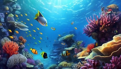 Naklejka na ściany i meble Ocean coral reef underwater. Sea world under water background