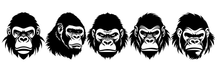 Gorilla ape silhouettes set, large pack of vector silhouette design, isolated white background