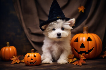 Funny white little dog in a hat sitting next to a pumpkin, Halloween, thanksgiving concept