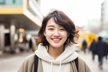 Portrait of beautiful young Asian female on the city street in Seoul