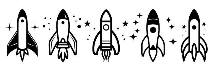 Rocket space silhouettes set, large pack of vector silhouette design, isolated white background © FutureFFX