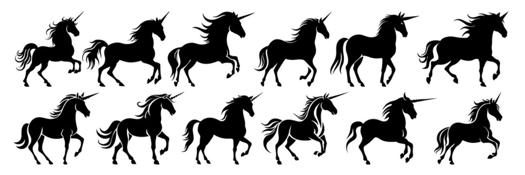 Unicorn silhouettes set, large pack of vector silhouette design, isolated white background