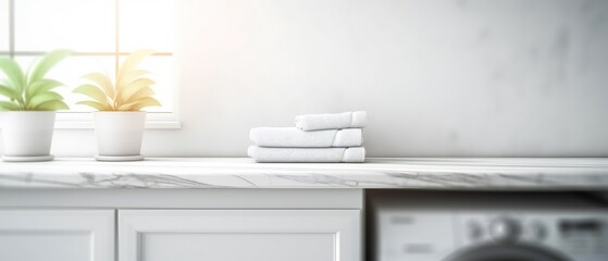 Fototapeta na wymiar Stack of white towels on table in bathroom