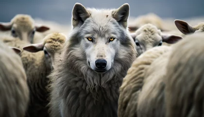 Foto op Canvas Wolf in sheep's clothing hiding among a flock of sheep © kilimanjaro 