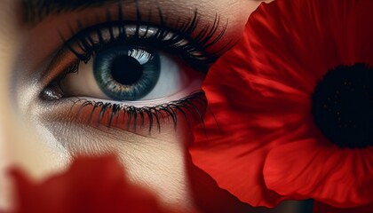 Woman's eye with poppy flower in front - obrazy, fototapety, plakaty