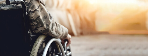Woman veteran in wheelchair returned from army. Close-up photo veteran woman in a wheelchair. - obrazy, fototapety, plakaty