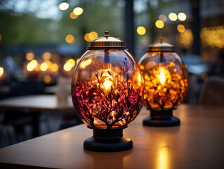 Decorative table lamps with warm colored lamps in the interior of the house. Background bokeh gives more focus to the object.