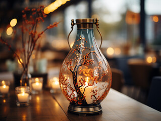Decorative table lamps with warm colored lamps in the interior of the house. Background bokeh gives more focus to the object.