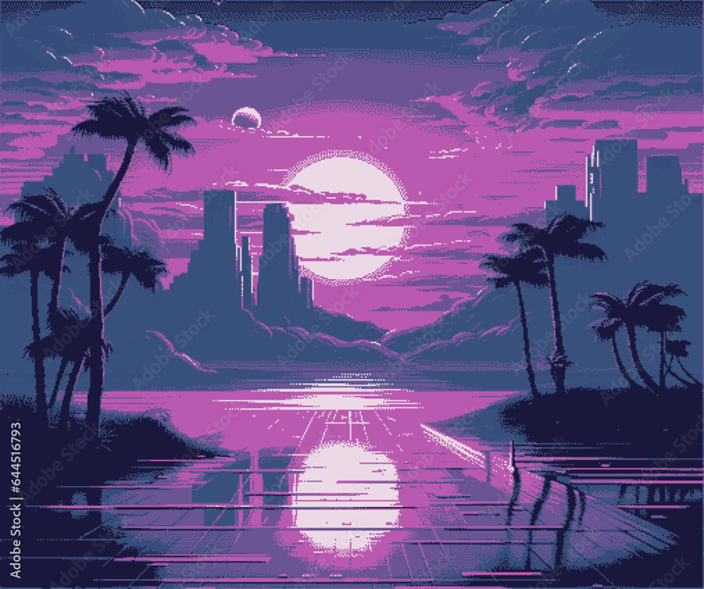 Aufkleber synthwave retro 8-bit pixel art landscape with palms and moon in neon colors.