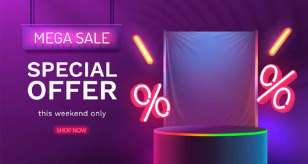 Mega sale special offer, Stage podium percent, Stage Podium Scene with for Percentage, Decor element background. Vector illustration