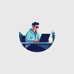 sitting man working on notebook