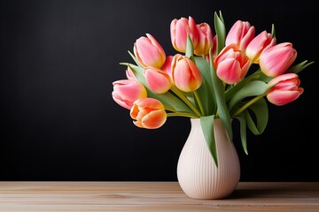 Pink tulips in a vase on a table, highlighting beauty in nature and floristry skills. Beautiful flower arrangement on a table