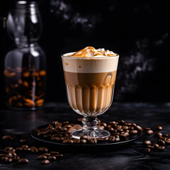 Romantic cold coffee with ice, dark background.