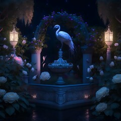 beautiful Fountain of a peahen under moon light