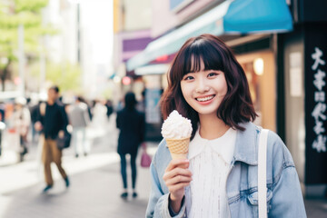 Portrait of beautiful young Asian female with ice cream on the city street in Tokyo