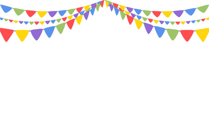 Celebrate hanging triangular garlands. Colorful perspective flags party isolated on white background. Birthday, Christmas, anniversary, and festival fair concept. Vector illustration.