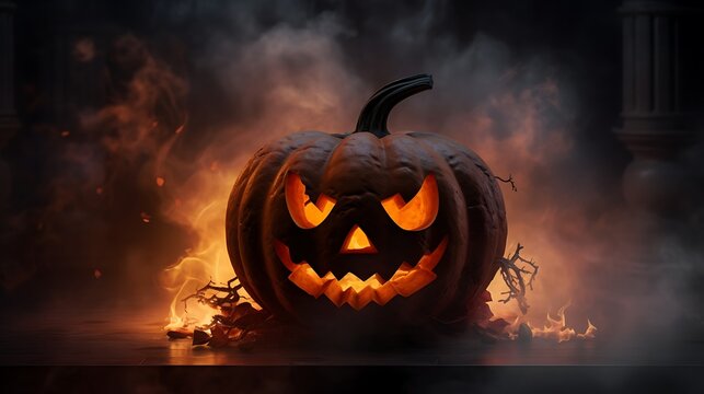 a halloween pumpkin in dark smoke on a luxury background. AI generator