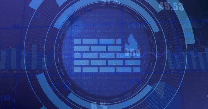 Animation of firewall icon in loading circles, graphs, numbers, binary codes over blue background
