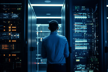 Generative ai collage image photo of professional it specialist analyzing data warehouse room