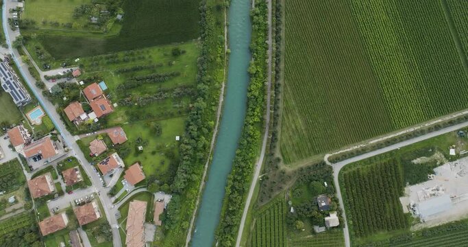 Aerial view of Sarca river in Torbole along the Garda Lake, Trentino, Italy.