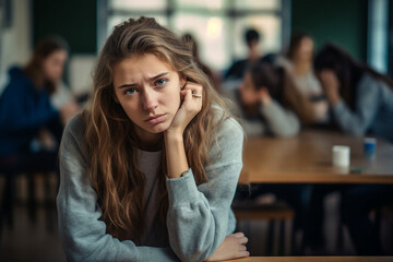 Generative AI conceptual photo of tired upset schoolgirl sitting in a classroom listening to teacher lecture lesson