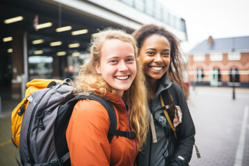 Two young backpackers are on Amsterdam train station - obrazy, fototapety, plakaty
