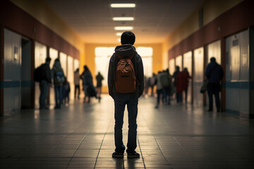 Generated by AI picture of an upset unhappy young person suffering from depression and bullying in dark school corridor