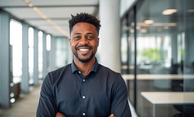Portrait of a smiling Black man in business attire, set in an office environment. The photo captures a sense of diversity, happiness, and optimism.