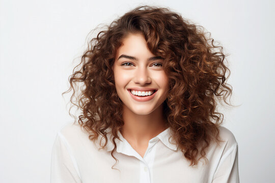 Generative AI photo of positive joyful lovely girl with bright toothy smile wavy hair good mood isolated on white background