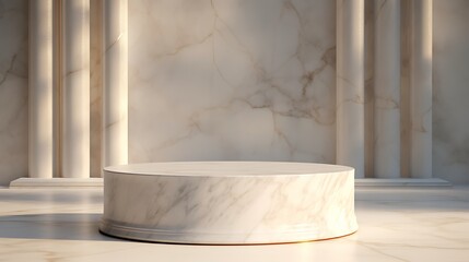 podium 3d with white marble table, black lighting, sunny day