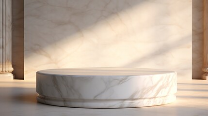 podium 3d with white marble table, black lighting, sunny day