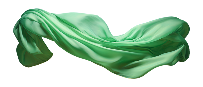 Green silk fabric floating on white